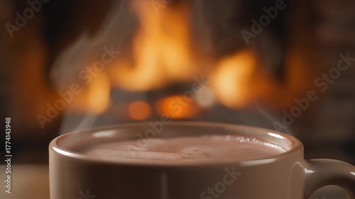 Cozy winter background, steaming hot drink by the fire