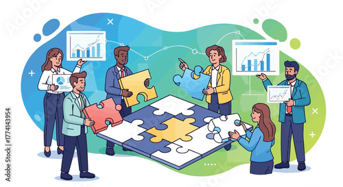 Vector illustration of diverse team of professionals collaborating to assemble a large jigsaw puzzle with business charts in the background