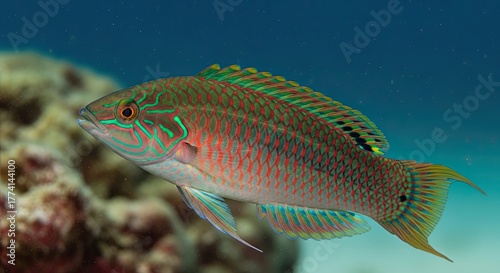 Fototapeta Naklejka Na Ścianę i Meble -  Colorful wrasse swimming near coral reef in clear blue water.