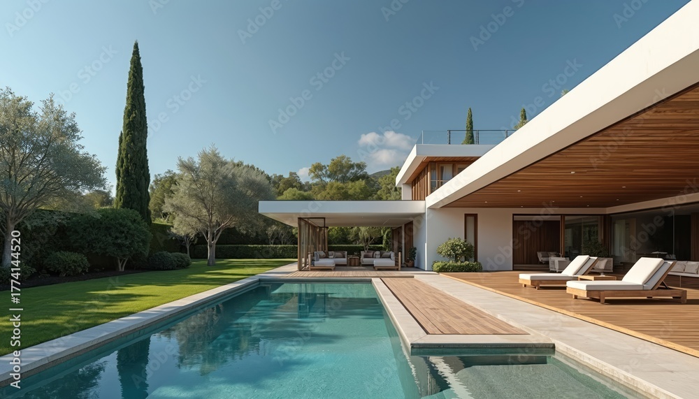 Naklejka premium Luxury home exterior near swimming pool shows modern architecture. Villa has garden with green lawn, blue sky. Deck chairs stand on terrace. Residential building design features outdoor living area.