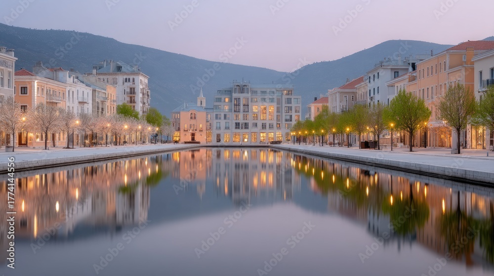 Obraz premium Twilight View Of A Quaint Riverside Town With Buildings Reflecting In Calm Water And Warm Lights Illuminating The Evening Sky Above Hills