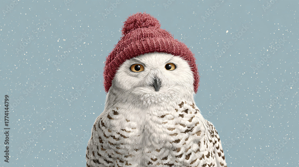 Fototapeta premium A delightful snowy owl dons a warm knitted red beanie, showcasing a playful personality