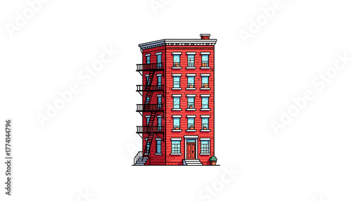 Vibrant cartoon illustration of a traditional multi-story red brick apartment building, featuring numerous windows and prominent fire escapes, depicting an urban residential dwelling