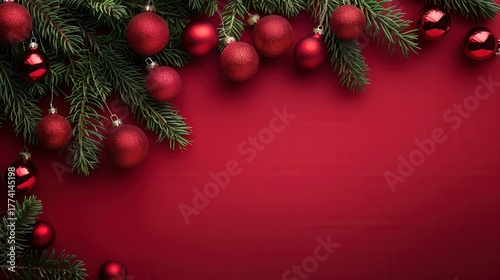 Festive arrangement of evergreen branches adorned with shiny red ornaments on a rich red background, creating a vibrant holiday atmosphere with copy space for text