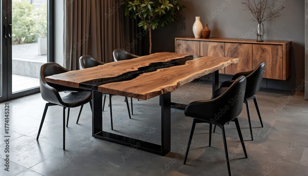 Fototapeta premium Modern dining room features unique live edge wooden table with black epoxy river inlay. Contemporary black chairs surround table. Stylish wood sideboard, green plant decor create elegant home