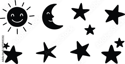 Adorable sun, moon, and stars creating a magical celestial pattern for your designs