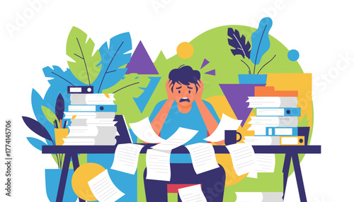 Office worker stressed by heavy workload and paperwork pile Flat design illustration