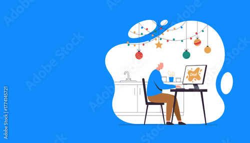 Senior man shopping online for holiday deals at home on a computer flat vector illustration