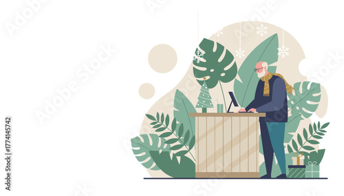 Senior man works on a computer surrounded by tropical leaves and Christmas decor Holiday business