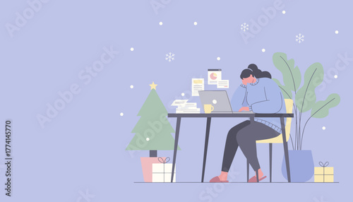 Tired woman works on laptop surrounded by documents and Christmas decor in winter