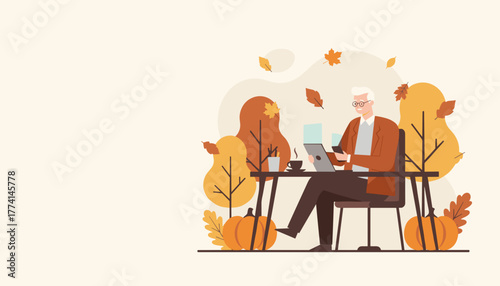 Stylish senior man using tablet and smartphone for remote work in a cozy autumn park illustration