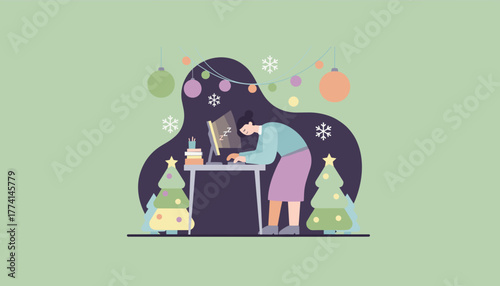 Overworked woman sleeping on computer desk during Christmas season deadline stress