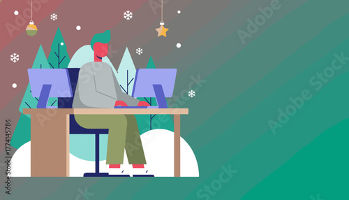 Work from home during winter holidays Digital nomad using computer in a festive snowy Christmas setting