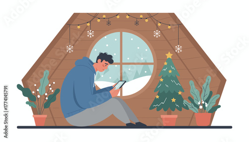 Lonely man using tablet inside cozy attic during heavy winter snowfall and Christmas holidays