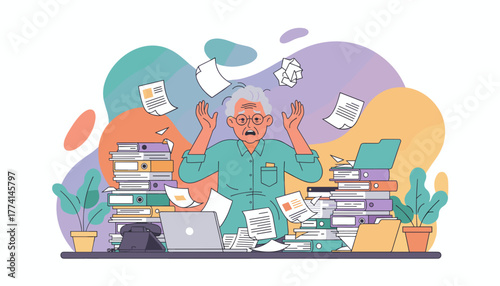 Overwhelmed senior worker surrounded by paperwork and binders showing stress and burnout