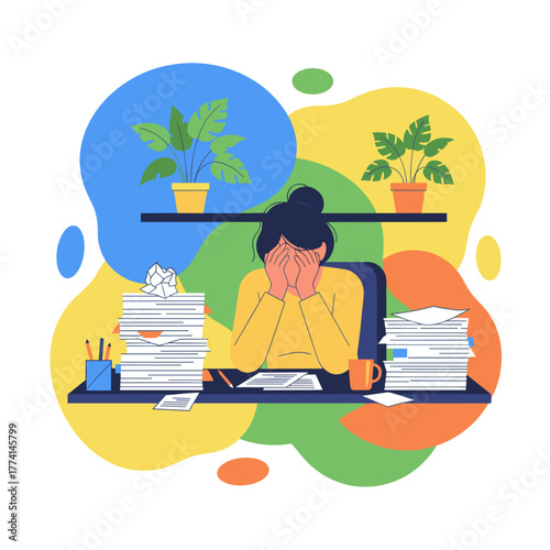 Woman overwhelmed by excessive office paperwork and deadlines suffering work burnout
