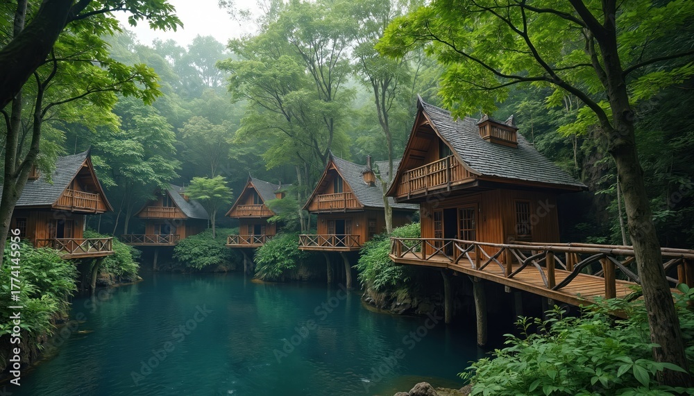 Naklejka premium Wooden houses stand on stilts over calm blue water. Rich green forest surrounds unique architecture. Rustic bridges connect serene village, ideal for peaceful eco friendly retreat vacation.