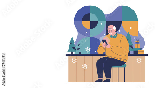 Senior man uses smartphone by the window in a cozy winter setting Holiday communication concept