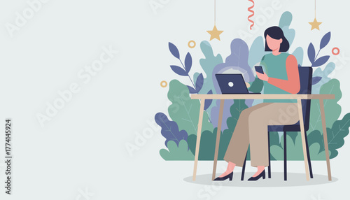 Remote worker using laptop and phone in a comfortable stylish environment