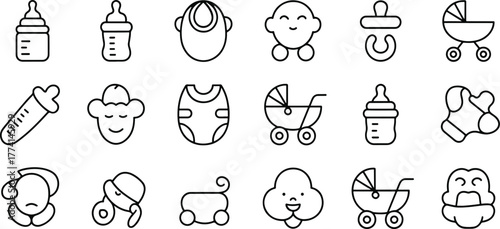 Baby Icon Set Vector Illustration with Feeding Bottle Pacifier Stroller and Clothing for Newborn Care and Parenting Themes