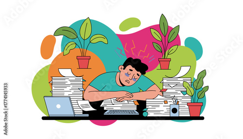 Overworked employee suffering burnout overwhelmed by massive paperwork and office stress