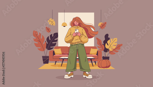 Stylish woman using a smartphone in a cozy autumn living room Flat vector illustration