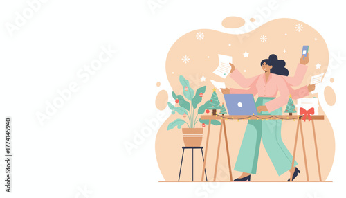 Busy woman multitasking balancing heavy work and holiday preparation in a festive office setting
