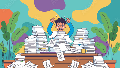Man overwhelmed by stacks of documents illustrating work stress and bureaucracy