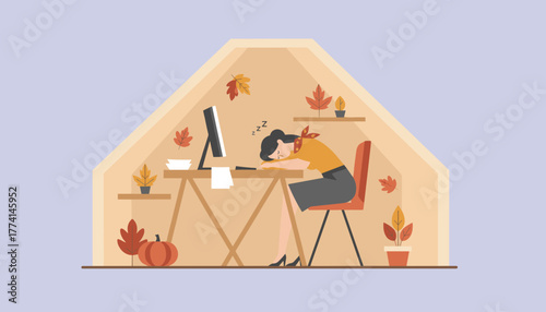 Exhausted worker sleeps at her desk in a cozy autumn home office environment