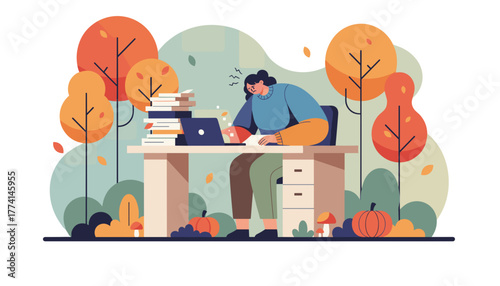 Overworked woman studying outdoors in autumn Stress burnout and tight deadlines concept