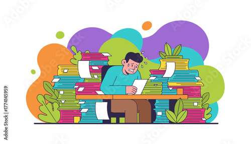 Anxious man buried in endless stacks of files Work overload stress and bureaucracy concept