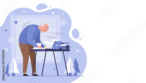 Senior man overwhelmed by paperwork and pressure working during the cold winter holidays