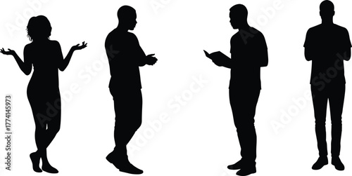 Standing people silhouette, body language poses, black vector illustration, confused gesture, reading posture, crossed arms, casual stance, human figure