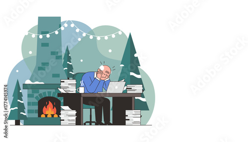 Overworked man faces holiday burnout working through piles of paper during winter