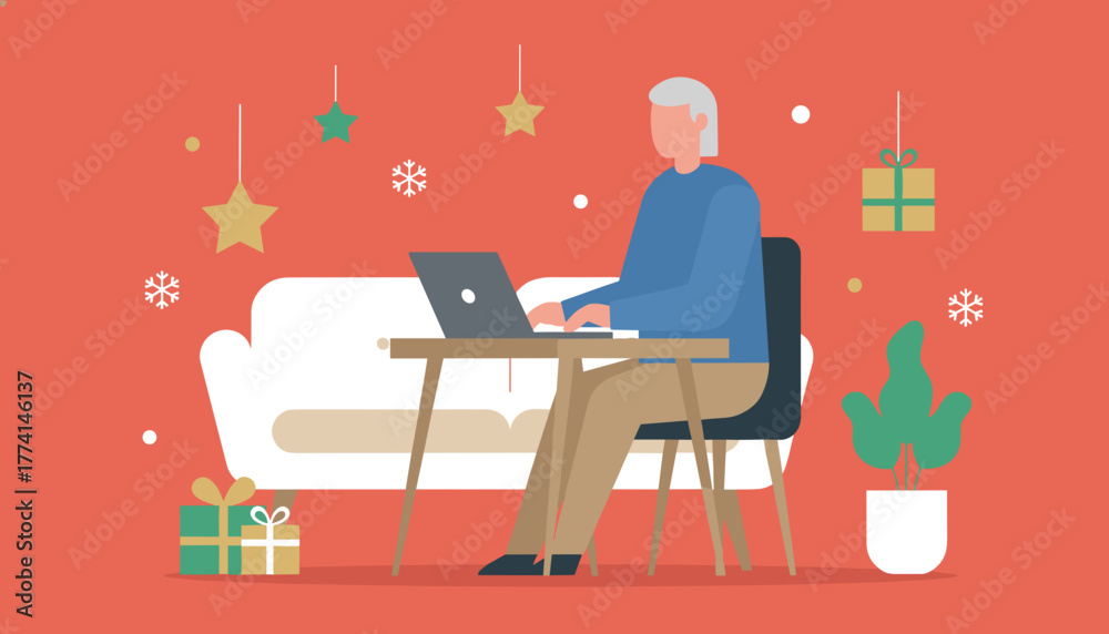 Fototapeta premium Senior man works on a laptop in a festive holidaydecorated home office Remote work vector
