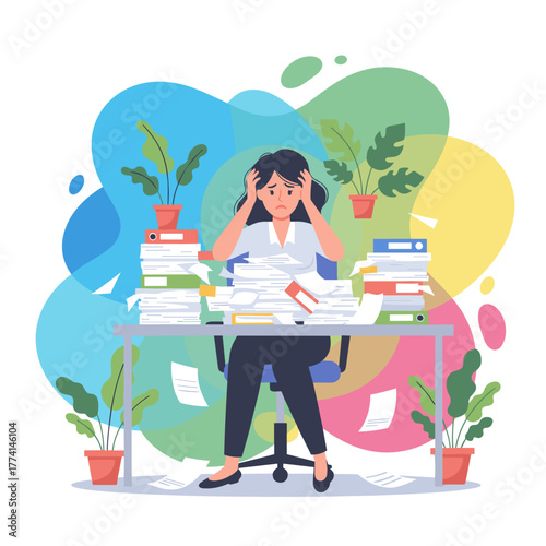 Overwhelmed worker stressed by excessive workload and bureaucracy in the office