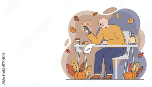 Man overwhelmed by smartphone notifications sitting at a desk with autumn decor