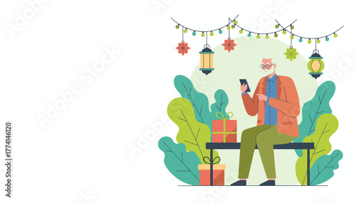 Senior man uses smartphone near gifts and festive lanterns enjoying digital connection during holidays