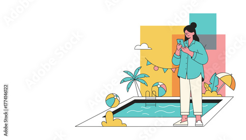 Woman checks phone at a resort pool enjoying digital life and summer vacation fun