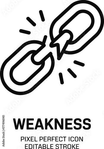 Broken chain link representing weakness and vulnerability in a simple line art drawing