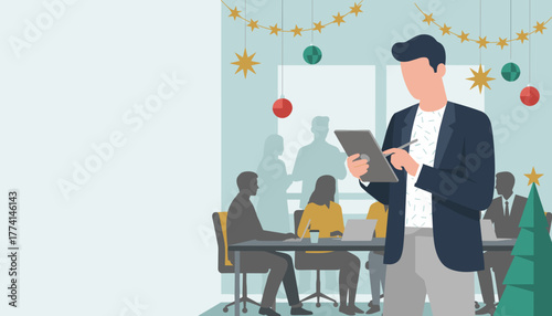 Professional working on tablet in festive office Holiday business concept