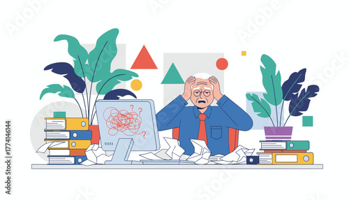 Stressed senior worker overwhelmed by problems and paperwork at his office desk