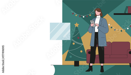 Woman using a smartphone near a decorated Christmas tree Holiday technology and communication illustration