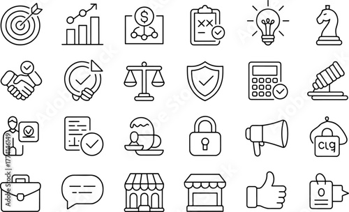 Business and Finance Icon Set Black and White Line Art Collection for Web Design and Applications