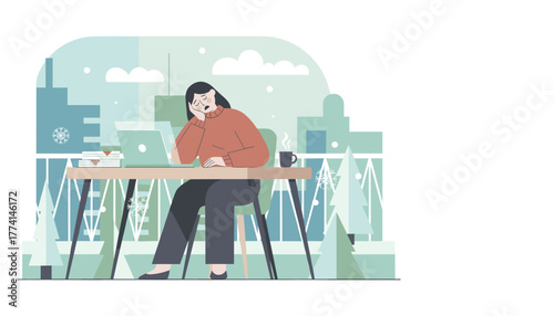 Remote worker experiencing seasonal stress and fatigue while working from home in winter