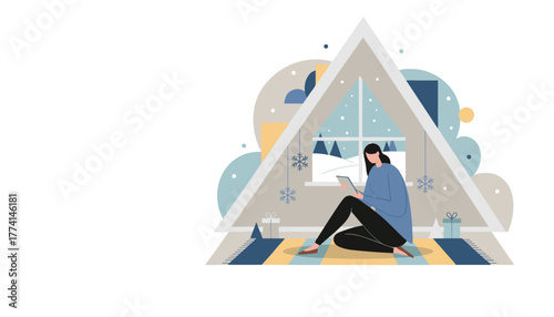 Digital leisure in winter cabin Woman reading tablet by window overlooking snow