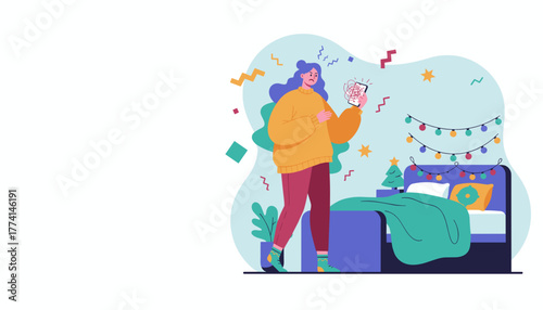 Stressed woman holding phone with tangled lines representing anxiety and mental confusion at home