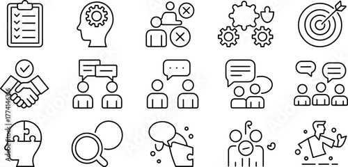Business Solutions and Growth Strategy Linear Icons Set Depicting Teamwork Problem Solving and Target Achievement for Success
