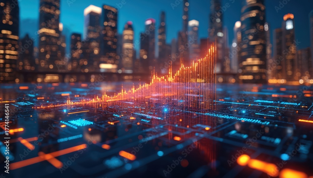Fototapeta premium Digital city landscape with glowing orange stock chart on circuit board. Futuristic finance data analysis and business growth on urban background at night. Abstract tech concept.