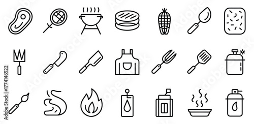 Barbecue and grilling icon set in minimalist line art style illustration for website or app design and cooking blog